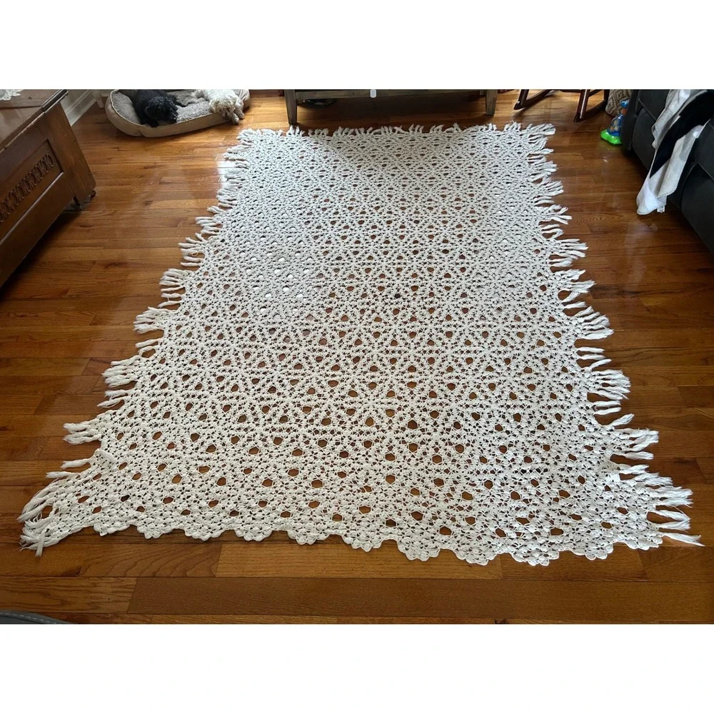Vintage Handmade Crochet Bed/ Couch Cover Cream Lace Tassel Fringe